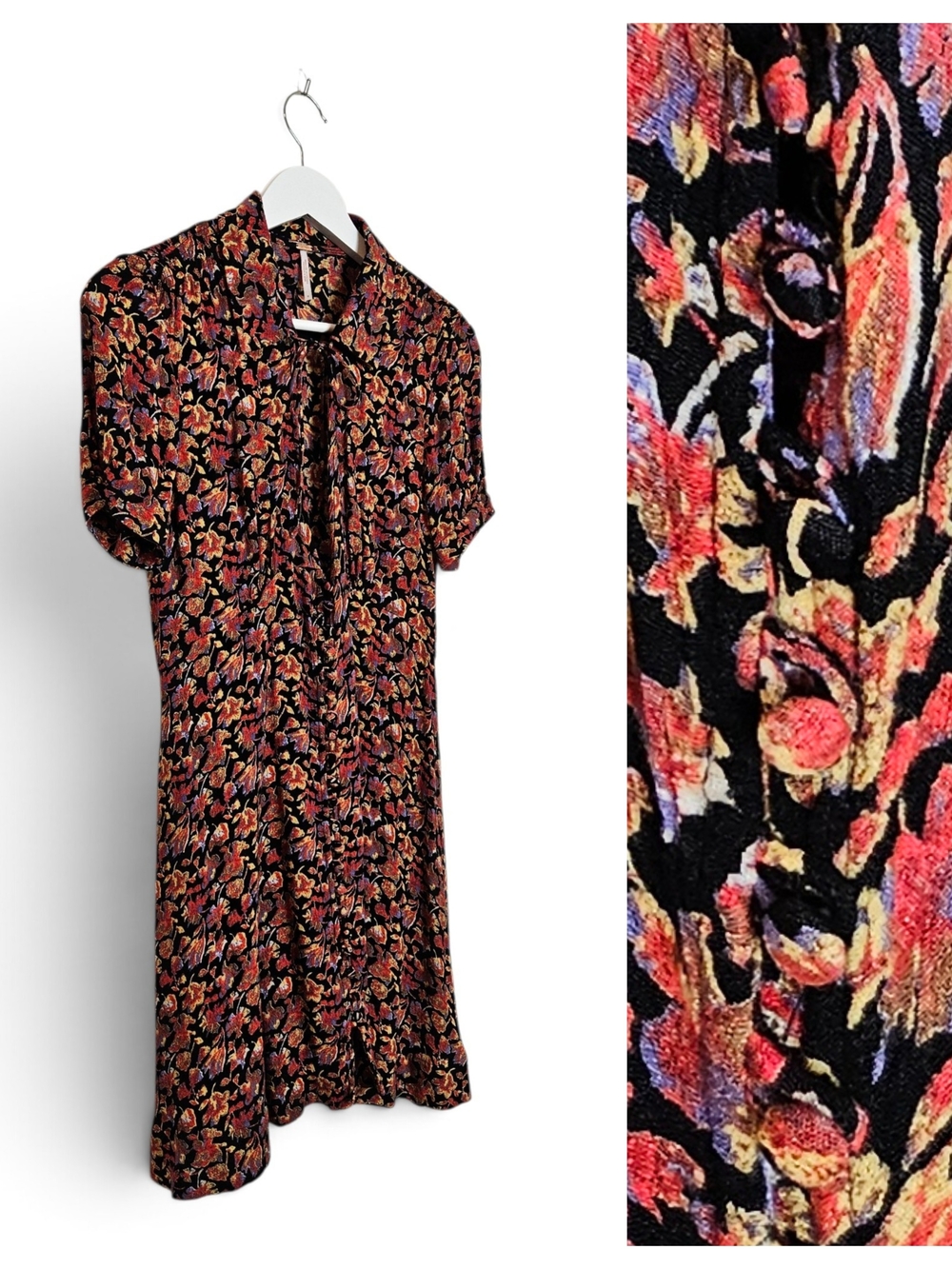 Free People Mini Dress Size 6 Melody Floral Button Front Tie Neck Boho Black Red